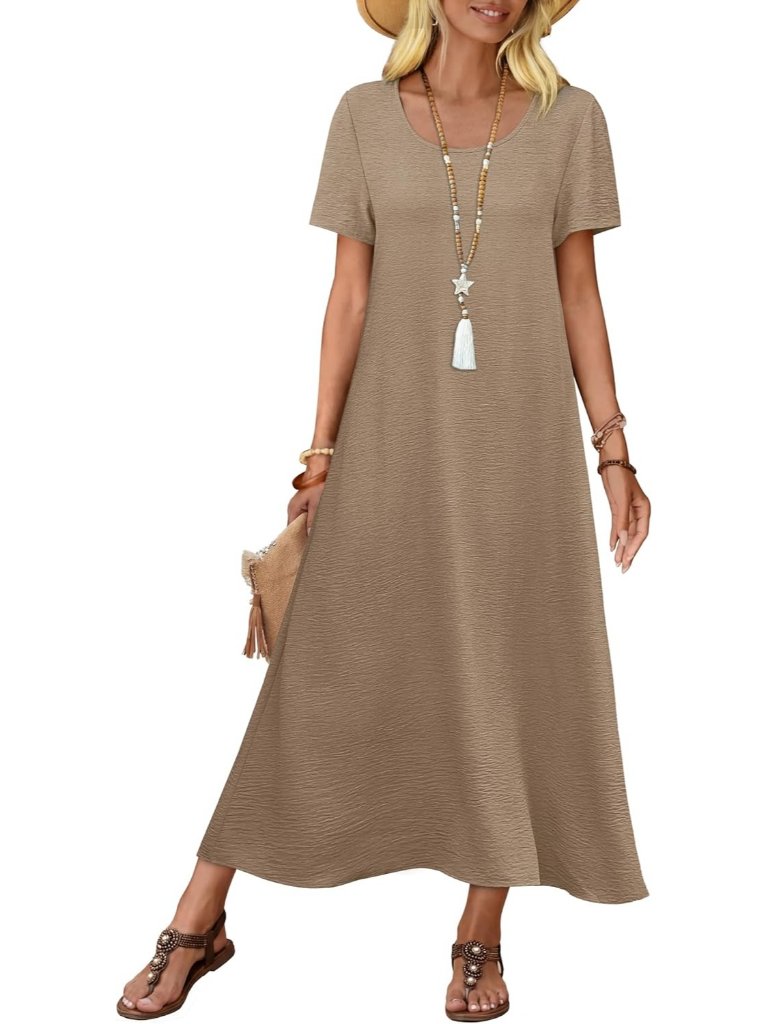 Women Dress Midi Khaki Polyester Crew Neck Short Sleeve Lightweight Summer